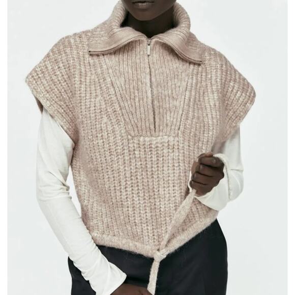 ZARA Chunky Knit Sweater Vest Half Zip Mock Turtleneck Sleeveless Tie Waist Boxy - Picture 1 of 13